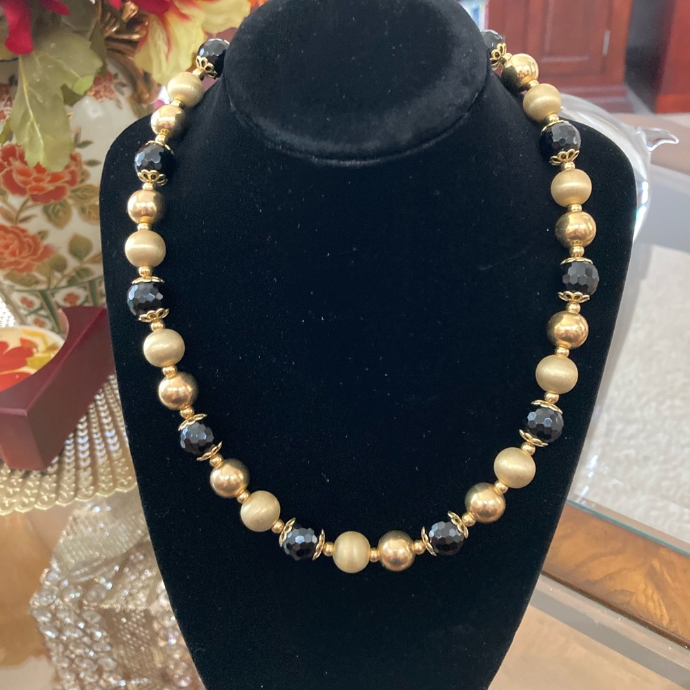 Pre-Loved Italian Onyx/Gold Plated Beaded Necklace
